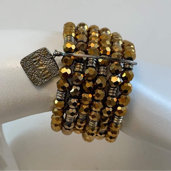 IMAN Glass Gold Metallic Six Strand Beaded Bracelet - Adjustable Rare Find - Picture 11 of 12